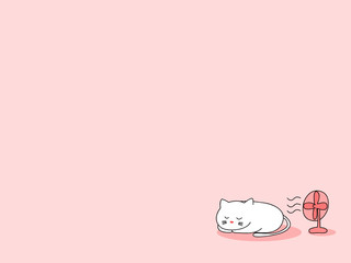 cute white cat is sleeping with fan on pick background in summer