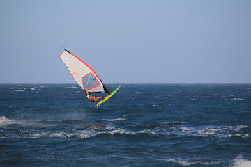 The moment when an unidentified windsurfer shifts the sail during jump (El Medano, Spain)