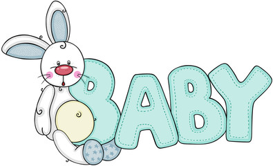 Cute little bunny with word baby of blue