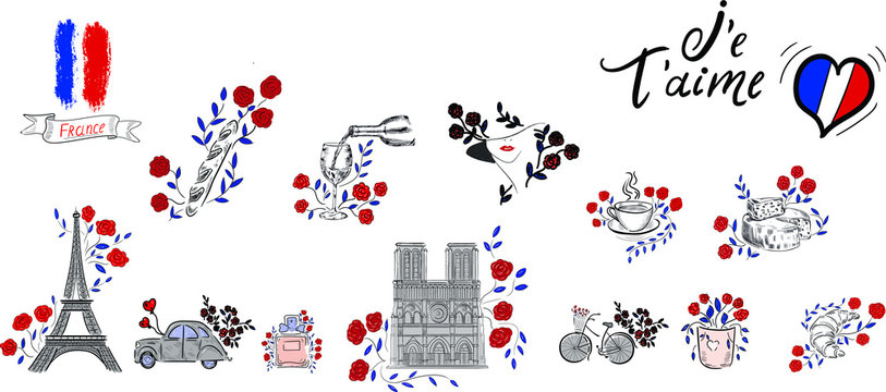 Big france set , croissant, architecture , wine, paris ,flowers, fashion vector isolated illustration on white background . Concept for print, web design, cards, logo, print