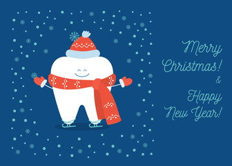 Tooth is wearing in a red hat, scarf, gloves and skates, illustration of winter fun. Christmas greeting card from a dentistry.