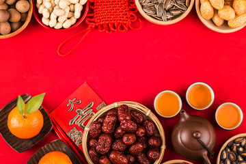 Top view accessories Chinese new year festival decorations.Chinese translation: Great luck，blessing