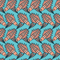 Seamless vector pattern with colorful stylized fish. The design is perfect for wallpaper, backgrounds, wrapping paper, sheets, clothes, stationery and decorations. 