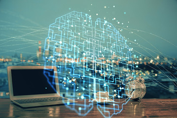 Double exposure of work table with computer and brain sketch hologram. Brainstorming concept.