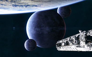Planets and satellites in deep space, space station in orbit of exoplanet. Science fiction....