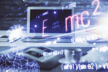 Fototapeta na wymiar Desktop computer background and formula hologram writing. Double exposure. Education concept.