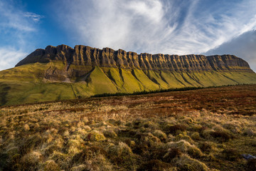 Benbulben view with trails and blue sky