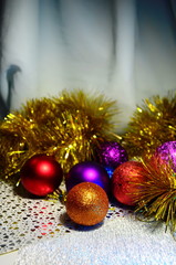 bright colored christmas balls with bokeh