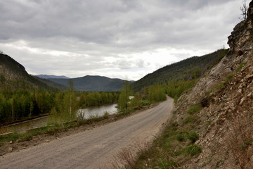 road, forest, branches, tree, sky, river, water, mountains, panorama,