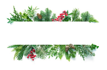 Naklejka na ściany i meble Flat lay composition with winter fir branches, cones, holly isolated on white background
