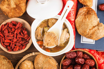 Stewed chicken soup with Hericium erinaceus，Chinese cuisine © dashu83