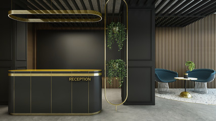 Reception shop design Modern & Loft Gold counter top,Black counter,Gold metal light pendant,Monitor on wood lath,Furniture waiting zone granite stone floor,Floor concrete  - 3D render
