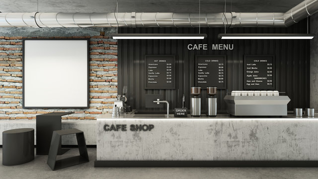 Cafe shop  Restaurant design Minimalist   Loft,Counter concrete,Top counter metal,Mock up on brick wall,Menu board on wall back counter black metal,concrete floors -3D render