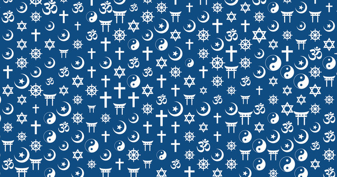 Abstract background of randomly sized religious symbols (Buddhism, Christianity, Hinduism, Islam, Judaism, Shinto, Taoism). Cultural diversity concept. CG render. Isolated on blue background