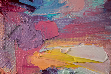 Fragment. Multicolored texture painting. Abstract art background. oil on canvas. Rough brushstrokes of paint. Closeup of a painting by oil and palette knife. Highly-textured, high quality details.