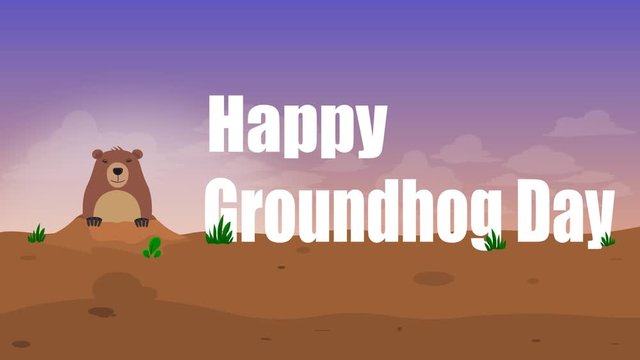 Happy Groundhog Day. A Cute Groundhog Popping Up From His Burrow And Looking At The Animated Text. Happy Groundhog Day Animation Concept Video For Cards Or Postcards. Groundhog Day 4k Video Animation.