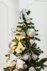 Christmas tree decorated with beautiful toys on a studio background. Place for text.