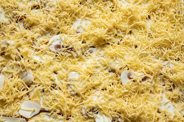 home made pizza raw ingredients cheese and mushrooms food photography background top view  