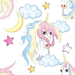 Cartoon seamless pattern. Unicorn with rainbow and clouds, designed print.