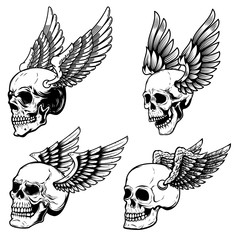 Obraz premium Set of winged human skull isolated on white. Design element for logo, label, emblem, sign. Vector illustration