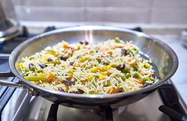 risotto cooked in a skillet in the kitchen