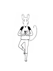Mouse yoga on a white background - Fantasy character. Symbol of 2020. Contour drawing mouse yoga (rat), coloring page. One Element. Seamless pattern for printing on fabric, wrapping paper, postcard