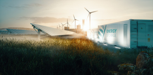 Smart grid renewable energy system solution for future smart cities at sunset. 3d rendering - obrazy, fototapety, plakaty