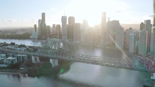 A drone shot of Brisbane's famous Story Bridge at sunset from Kangaroo Point. Brisbane, Australia.