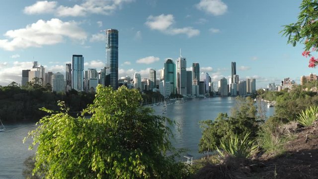 A gimbal shot of Brisbane city at sunset from Kangaroo Point. Brisbane, Australia.