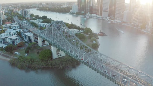 A drone shot of Brisbane's famous Story Bridge at sunset from Kangaroo Point. Brisbane, Australia.