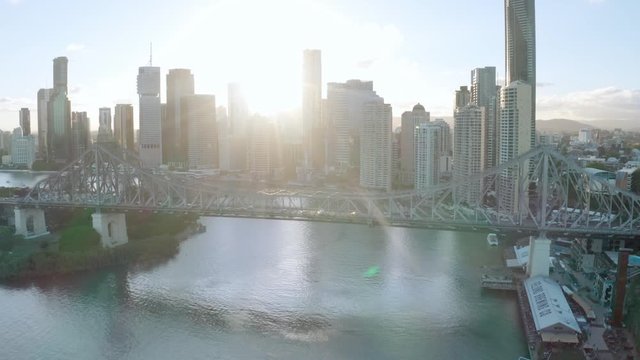 A drone shot of Brisbane's famous Story Bridge at sunset from Kangaroo Point. Brisbane, Australia.
