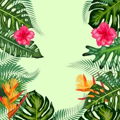 Gordijnen Tropische Bladeren Tropical frame, flowers, monstera leaves, background, place for an inscription  © MichiruKayo