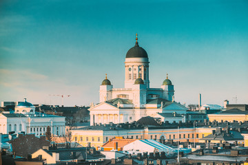 Fototapeta na wymiar Helsinki, Finland. Aerial View Street Of Helsinki Cathedral In Winter Day. View From Height.