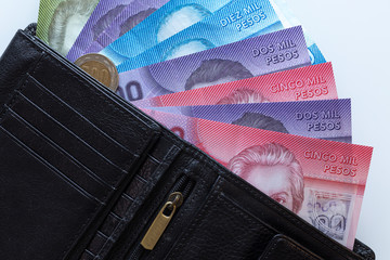Chilean pesos, various bills sticking out of the wallet