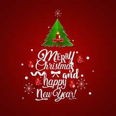 Christmas Greeting Card. Merry Christmas lettering with Christmas tree, vector illustration