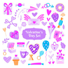 Set of vector flat valentine's day illustrations. Background for greeting cards, packaging, design for a holiday, wedding, engagement. Hearts and symbols of love in pink colors.