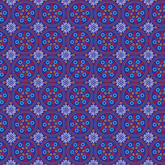 Colorful circle pattern/Shweshwe style repeat pattern with Gujarat/Rajasthan, India style pattern elements for textile/fabric print