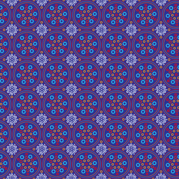 Colorful circle pattern/Shweshwe style repeat pattern with Gujarat/Rajasthan, India style pattern elements for textile/fabric print