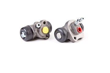 Brake cylinder, drum brake system for cars isolated on white background. New car parts.