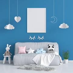 Blank photo frame for mockup in blue children room, 3D rendering