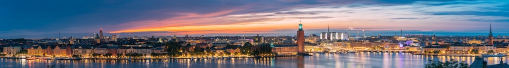 Fototapeta na wymiar Stockholm, Sweden. Night Skyline With Famous Landmarks. Panorama, Panoramic View Of Stockholm Cityscape. Famous Landmarks, UNESCO World Heritage Site