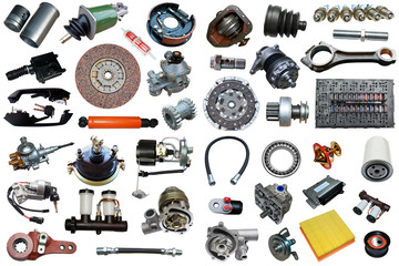 Auto spare parts car on the white background. Set with many isolated items for shop or aftermarket	