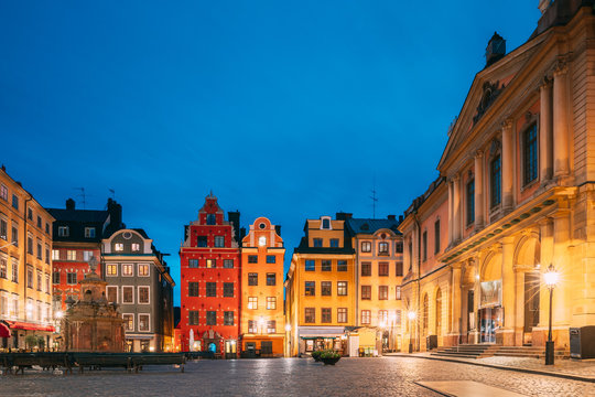 Stockholm, Sweden. Famous Old Colorful Houses, Swedish Academy and Nobel Museum In Old Square Stortorget In Gamla Stan. Famous Landmarks And Popular Place.