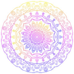 Mandala. Round gradient pattern in blue, yellow and pink on a white background. Vector pattern for tattoos, henna pattern. Psychedelic ethnic ornament. 