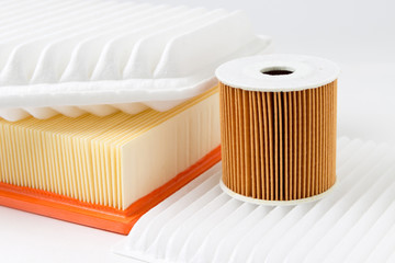 Filter oil, Filter air, cabin filter for cars isolated on white background. New car parts.