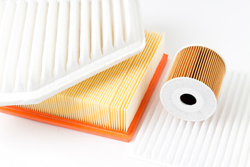 Filter oil, Filter air, cabin filter for cars isolated on white background. New car parts.
