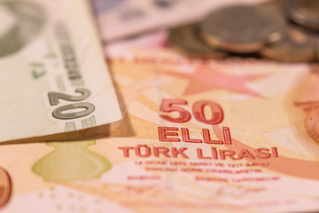 Turkish lira TL. TRY banknotes and coins