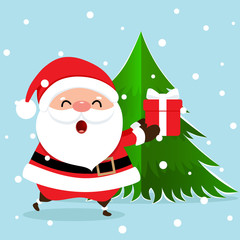 Christmas Greeting Card with Christmas Santa Claus and Christmas tree. Vector illustration