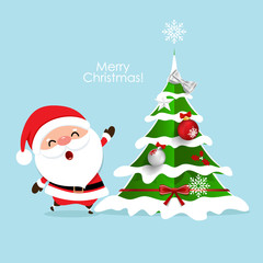 Christmas Greeting Card with Christmas Santa Claus and Christmas tree. Vector illustration