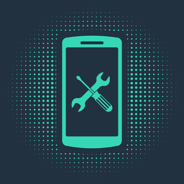 Green Smartphone with screwdriver and wrench icon isolated on blue background. Adjusting, service, setting, maintenance, repair, fixing. Abstract circle random dots. Vector Illustration